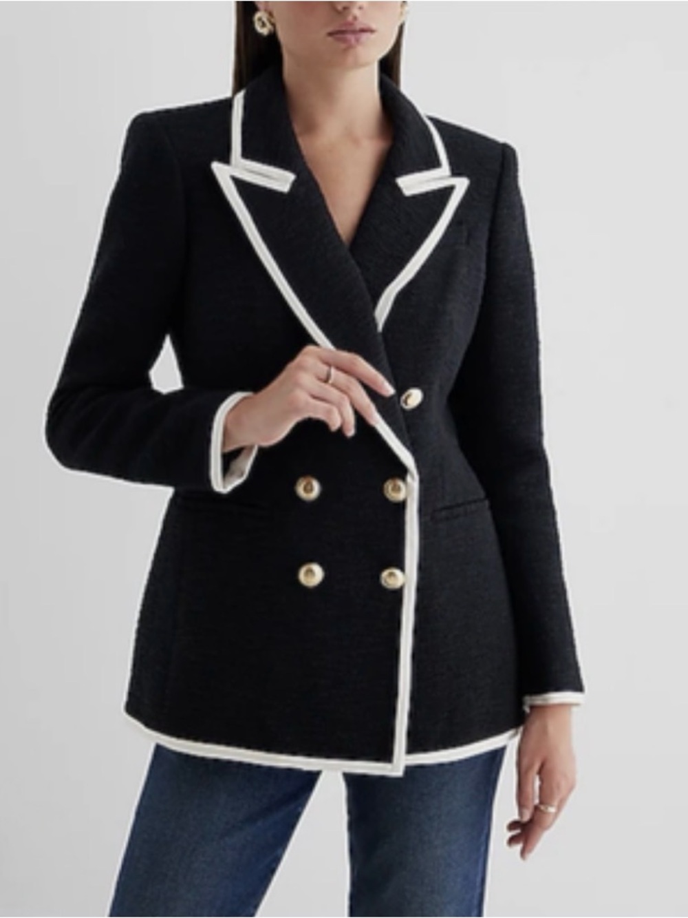 Express Black Blazer with White Piping and Gold Buttons